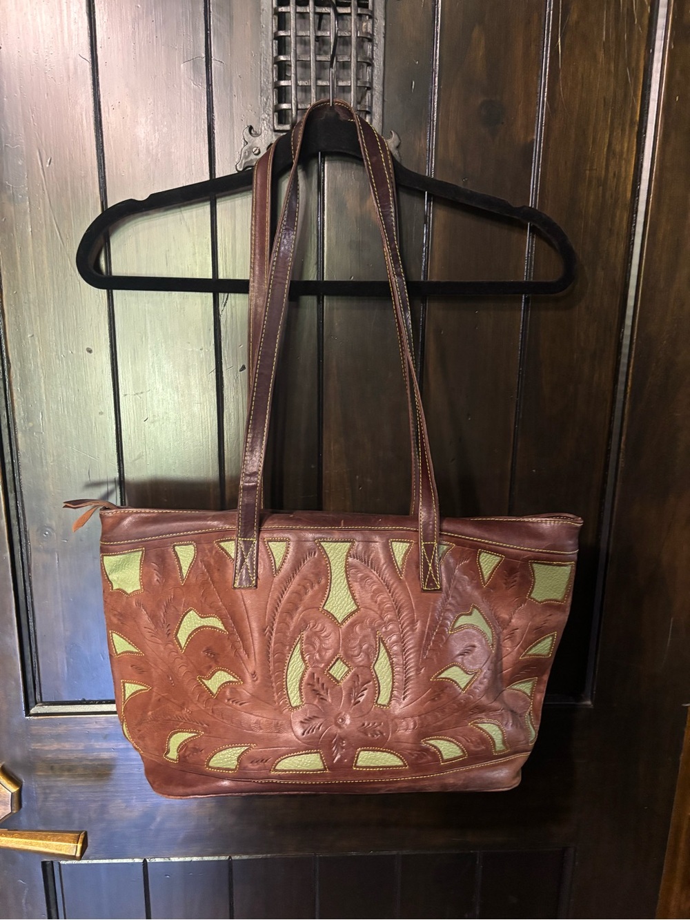 Green and brown leather purse shoulder bag western boho large